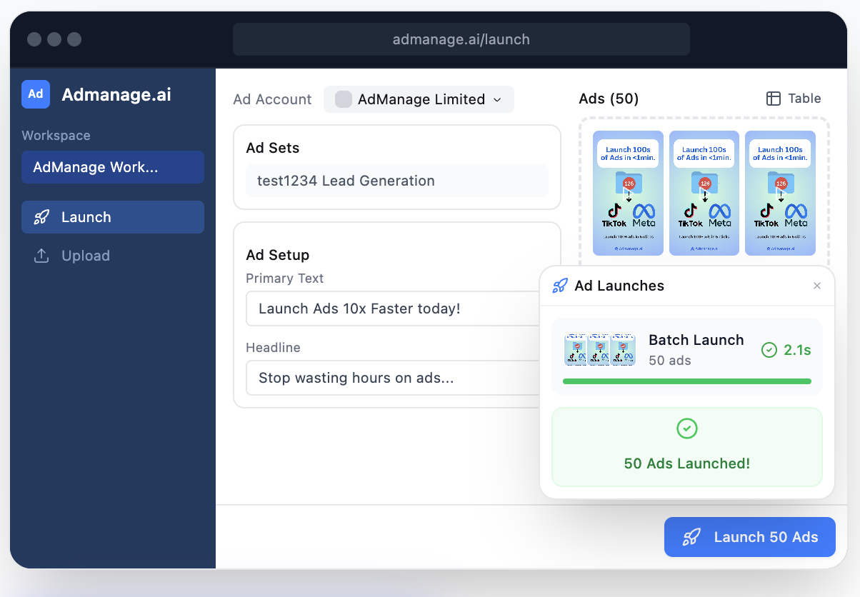 The AdManage launcher building a batch of Meta ads, ready to launch across eight channels at once